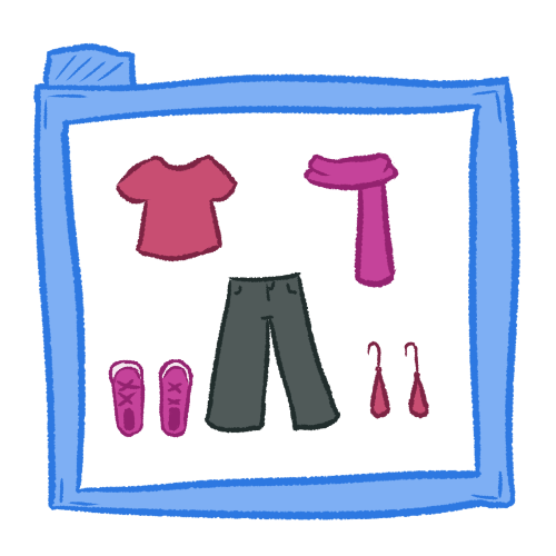 pink and purple clothing inside of a transparent blue folder.